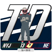 an illustration of a football player with nyj 13 and ne 47