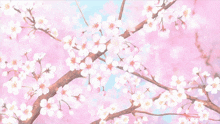 a painting of cherry blossoms with a blue sky in the background