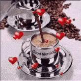 a cup of coffee with hearts and the words `` good morning '' written on it