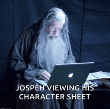 a man with a beard is sitting in front of a laptop with the caption jospeh viewing his character sheet