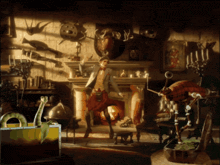 a painting of a man standing in front of a fireplace in a room