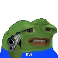 a green frog is pointing a gun at the camera with the word ew below it
