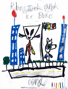 a child 's drawing of robin hood and ice bloke
