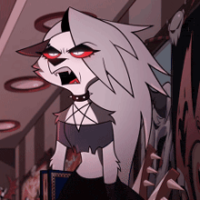 a cartoon character with a pentagram around her neck is holding a book