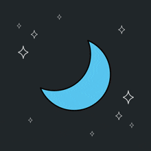 a blue crescent moon surrounded by white stars on a dark background