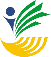 a blue and gray logo with a circle in the center