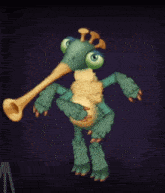 a cartoon character is playing a trumpet with a purple background