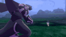 a purple and black robot is standing in a field with a smaller robot in the foreground