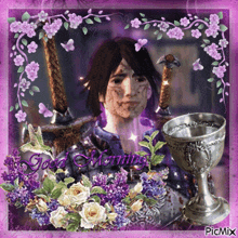 a picture of a man with a sword and a cup with the words good morning on it