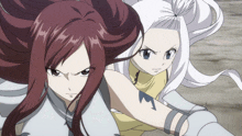a couple of anime girls with red hair and white hair are standing next to each other