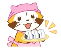 a cartoon drawing of a raccoon wearing a pink hat holding a plate of food