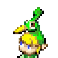 a pixel art of link from the legend of zelda holding a banana in his hand .