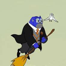 a cartoon of a gorilla flying on a broom