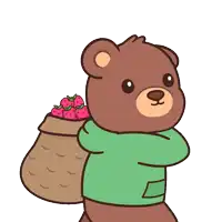 a teddy bear is carrying a bag of strawberries