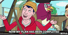 a cartoon of a man in a car with the words now my plan has been completed on the bottom