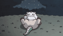 a cartoon drawing of a dragon laying on its back with a starry sky in the background