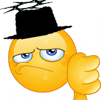 a yellow smiley face wearing a black top hat is giving a thumbs down sign