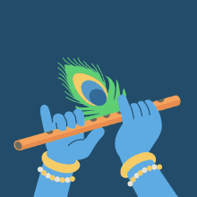 a greeting card that says happy janmashtami with two hands holding a flute and a peacock feather