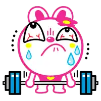 a cartoon of a bunny holding a barbell with tears running down its face