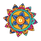 a drawing of a colorful flower with a blue center