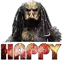 a picture of a predator with the word happy behind him