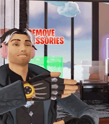 a man wearing headphones stands in front of a sign that reads remove accessories