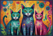 a painting of three colorful cats with flowers and leaves
