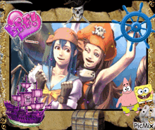 a picture of two girls dressed as pirates with spongebob and patrick on the bottom