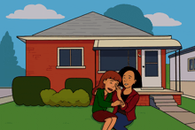 a cartoon drawing of two women sitting in front of a red house