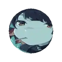 a close up of a cartoon character 's face in a circle on a white background .