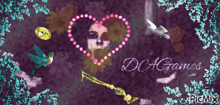 a purple background with a hummingbird and a heart and the words dca games