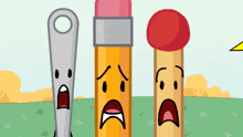 a cartoon drawing of a pencil a match and a screwdriver with faces on them