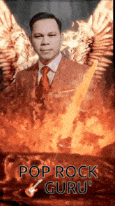 a poster for pop rock guru with a man in a suit