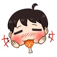 a cartoon of a boy eating a piece of chicken