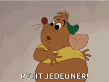 a cartoon mouse says " petit jedeuner " in front of a gray background