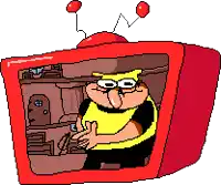 a pixel art drawing of a cartoon character on a television