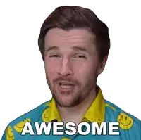 a man wearing a blue shirt with smiley faces on it is saying awesome