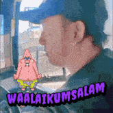 a man wearing a black hat and a spongebob sticker that says waalaikussalam