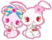 a pink bear and a white bunny with red eyes