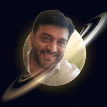 a man with a beard is surrounded by a planet