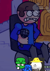 a cartoon character is sitting in a chair with a microphone