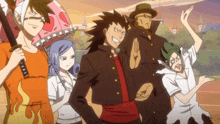 a group of anime characters are posing for a picture and one of them has a bandage on his arm