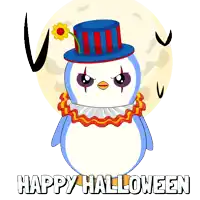 a penguin dressed as a clown with the words " happy halloween " below it