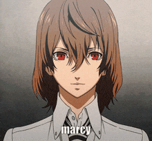 a close up of a person 's face with the name marcy on the bottom