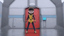 a cartoon character is standing in a room with a red door .