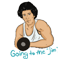a drawing of a man lifting a dumbbell with the words going to the jim written below him