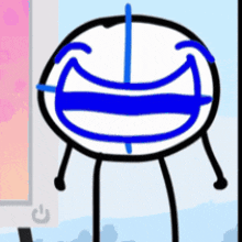 a cartoon character with a blue smile on his face is standing in front of a computer screen