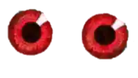 a pair of red eyes with a white stripe between them on a white background .