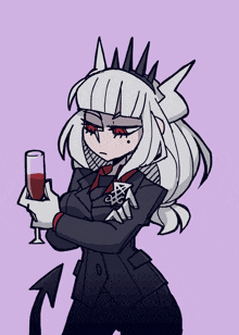 a drawing of a demon holding a glass of red wine