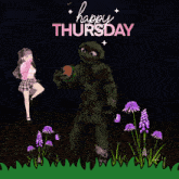 a happy thursday greeting card with a girl and a monster